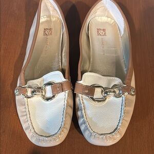 Anne Klein Beige and White Buckle Loafers